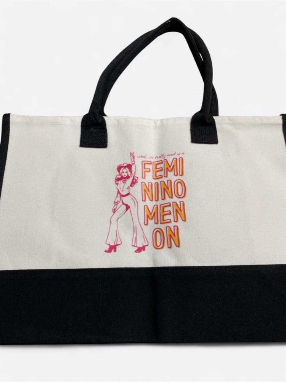 Canvas Tote Bag - Black & Cream with Pink Accent